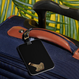 Gold Thor Hammer tilted black luggage tag