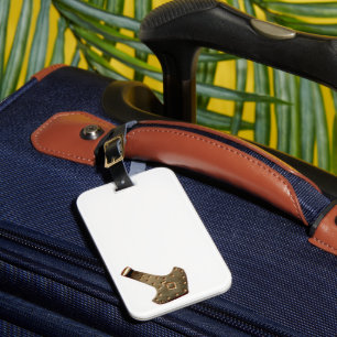 Gold Thor Hammer tilted white luggage tag