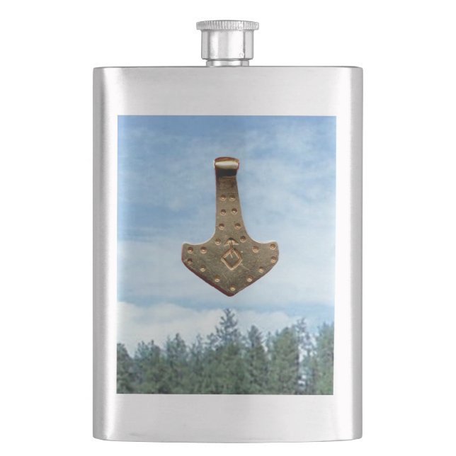 Gold Thor Hammer trees stainless steel flask (Front)