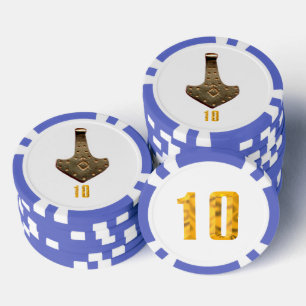 Gold Thor Hammer white blue 10 striped poker chip