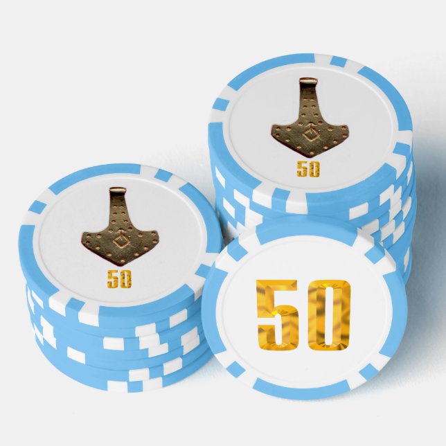 Gold Thor Hammer white ltblue 50 stripe poker chip (Stack)
