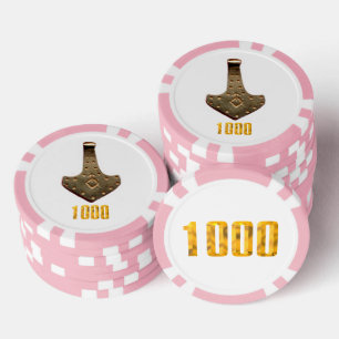 Gold Thor Hammer white pink 1K striped poker chip
