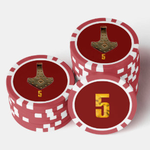 Gold Thor Hammer white red 5 striped poker chip