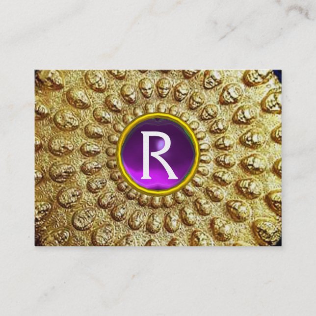 GOLD THRACIAN DISC MONOGRAM  Purple Amethyst Gem Business Card (Front)