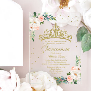 Gold Tiara Blush Flowers Quinceañera  Acrylic Invitations