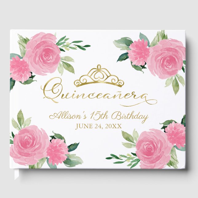 Gold Tiara Blush Hot Pink Floral Quinceanera Guest Book (Front)