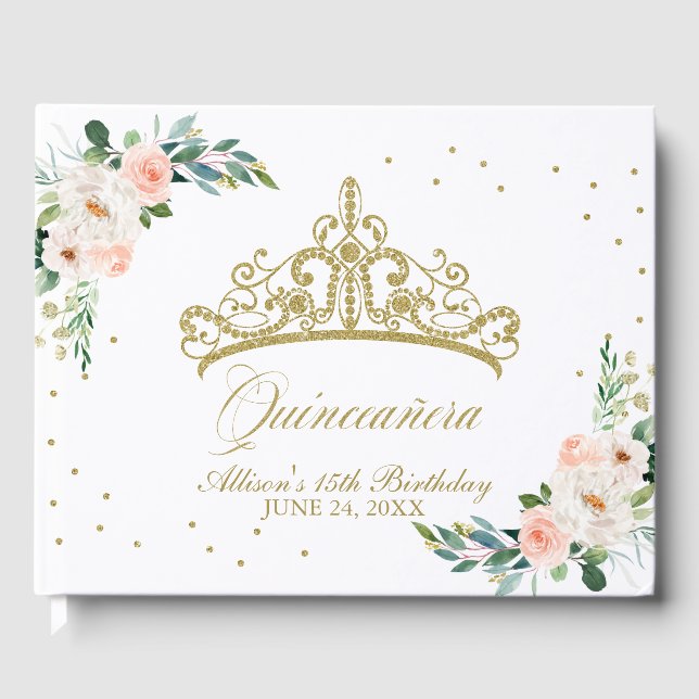 Gold Tiara Blush Pink Floral Quinceanera Guest Book (Front)