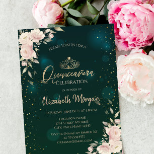Gold Tiara,Boho Flowers Green Quinceañera  Invitation