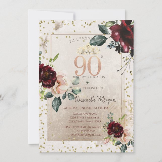 Gold Tiara,Burgundy Flowers  90th Birthday Invitation (Front)