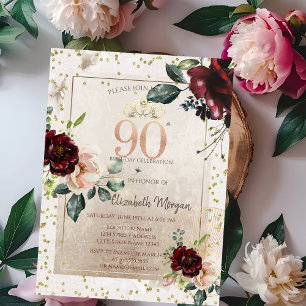Gold Tiara,Burgundy Flowers 90th Birthday Invitation