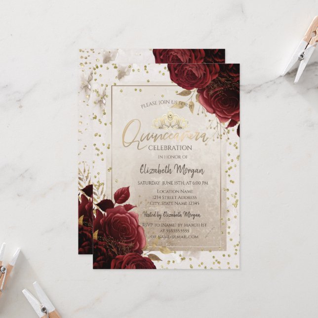 Gold Tiara,Burgundy Flowers Diamonds Quinceañera  Invitation (Front/Back In Situ)