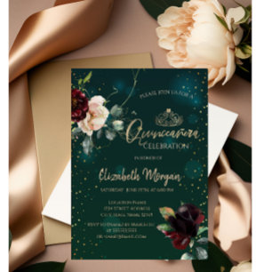 Gold Tiara,Burgundy  Flowers Green Quinceañera  Invitation