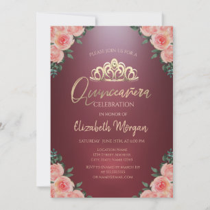 Gold Tiara Burgundy Flowers Roses Quinceañera Invitation