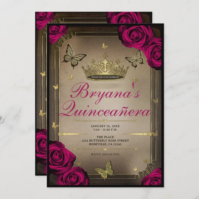 Gold Tiara Butterflies Magenta Roses Quinceañera  Invitation (Front/Back)