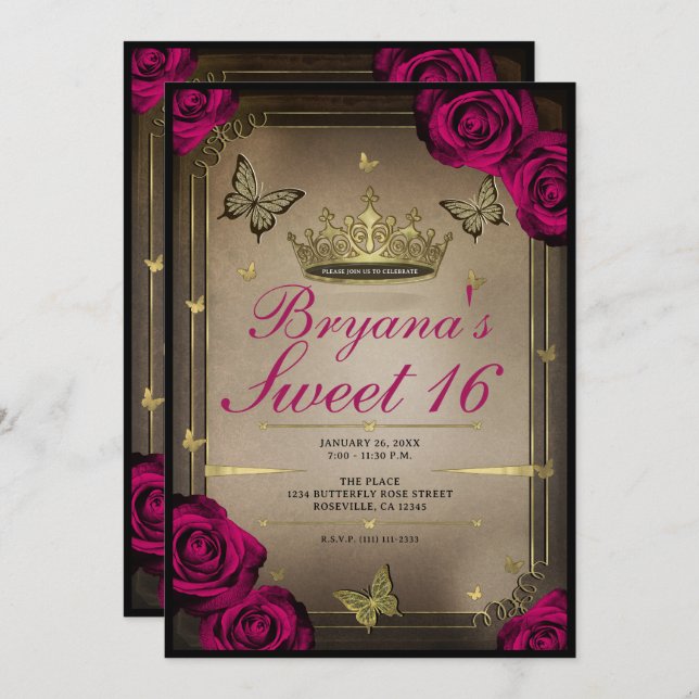 Gold Tiara Butterflies Magenta Roses Sweet 16  Invitation (Front/Back)
