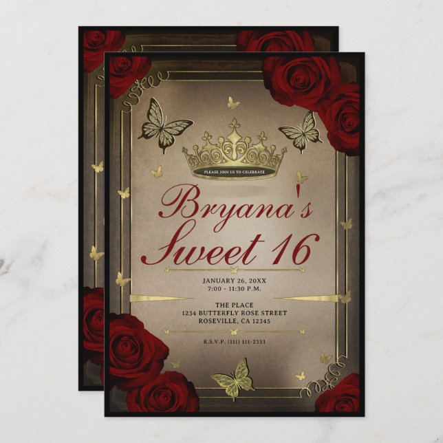 Gold Tiara Butterflies Maroon Roses Sweet 16 Photo Invitation (Front/Back)