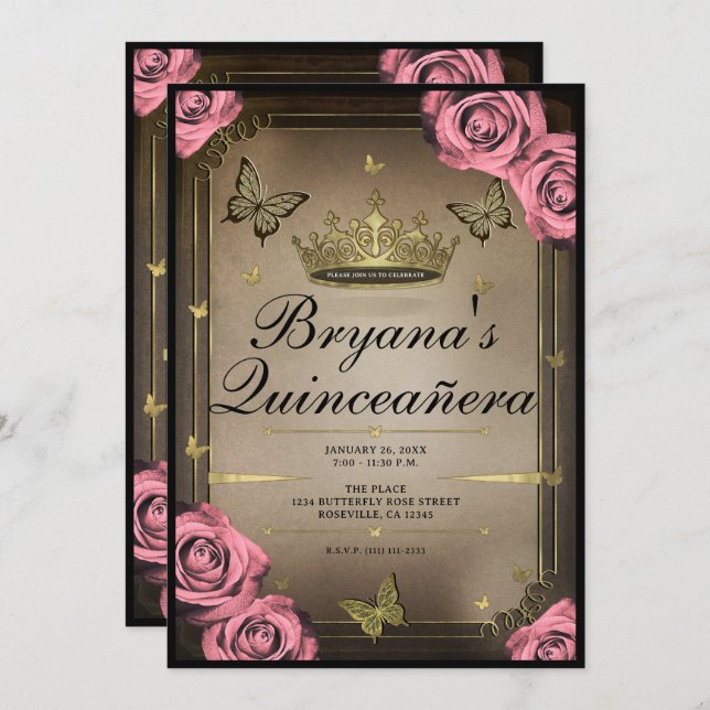 Gold Tiara Butterflies Pink Roses Quinceañera  Invitation (Front/Back)