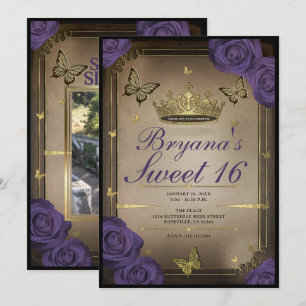 Gold Tiara Butterflies Purple Roses Sweet 16 Photo Invitation