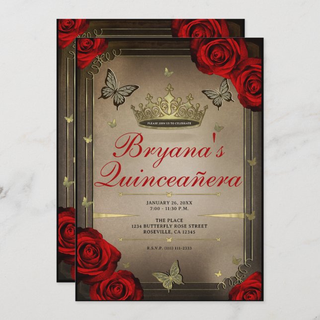 Gold Tiara Butterflies Red Roses Quinceañera Photo Invitation (Front/Back)