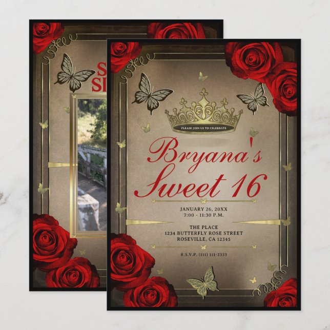 Gold Tiara Butterflies & Red Roses Sweet 16 Photo Invitation (Front/Back)