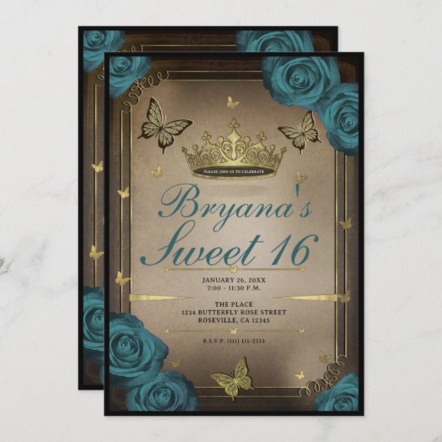 Gold Tiara Butterflies Teal Roses Sweet 16  Invitation (Front/Back)