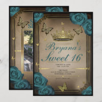 Gold Tiara Butterflies Teal Roses Sweet 16 