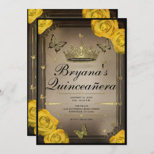 Gold Tiara Butterflies Yellow Roses Quinceañera  Invitation