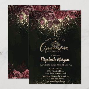 Gold Tiara, Confetti Burgundy Flowers Quinceañera Invitation