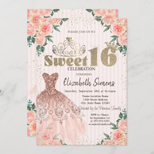 Gold Tiara,Confetti,Dress,Striped Floral Sweet 16 Invitation