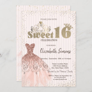 Gold Tiara,Confetti,Dress,Striped Sweet 16 Invitation