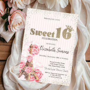 Gold Tiara,Confetti,Eiffel Tower Striped Sweet 16 Invitation