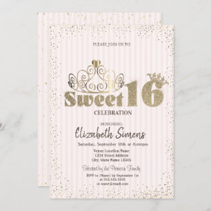 Gold Tiara Confetti Princess Striped Sweet 16 Invitation
