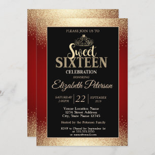 Gold Tiara Confetti,Red Sweet 16 Party Invitation