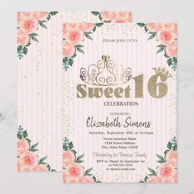 Gold Tiara Confetti Roses, Striped Sweet 16 Invitation (Front/Back)
