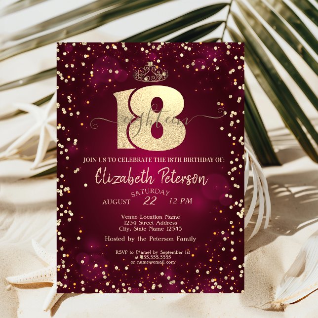 Gold Tiara,Diamonds Burgundy 18th Birthday Party Invitation (Creator Uploaded)