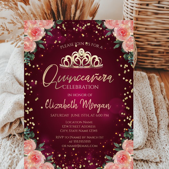 Gold Tiara,Diamonds Burgundy Floral Quinceañera Invitation (Creator Uploaded)