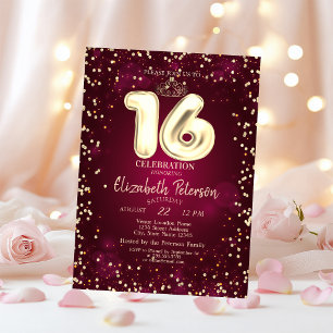 Gold Tiara,Diamonds Burgundy Sweet 16 Party Invitation