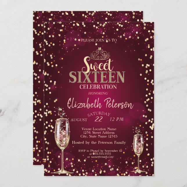Gold Tiara,Diamonds Champagne Glass Sweet 16 Invitation (Front/Back)