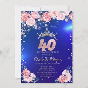 Gold Tiara Diamonds Flowers Blue 40th Birthday Invitation