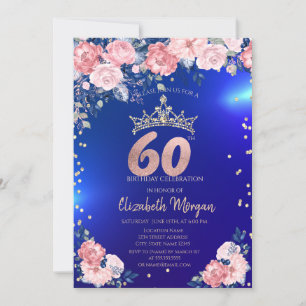 Gold Tiara Diamonds Flowers Blue 60th Birthday Invitation