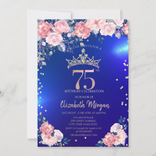 Gold Tiara Diamonds Flowers Blue 75th Birthday Invitation