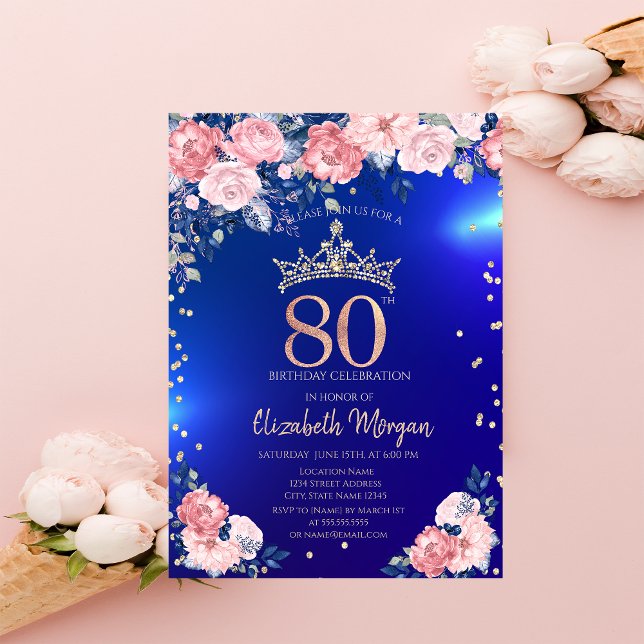 Gold Tiara Diamonds Flowers Blue 80th Birthday Invitation (Creator Uploaded)