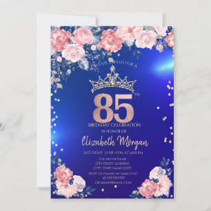 Gold Tiara Diamonds Flowers Blue 85th Birthday Invitation