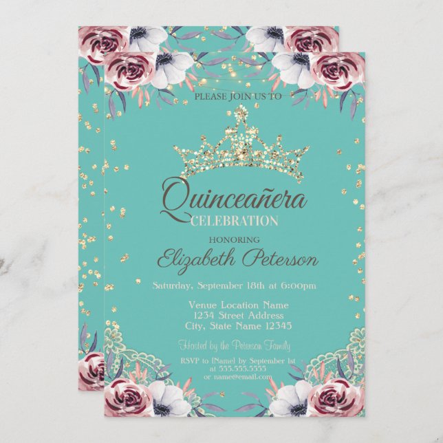 Gold Tiara,Diamonds Flowers Mint Green Quinceañera Invitation (Front/Back)