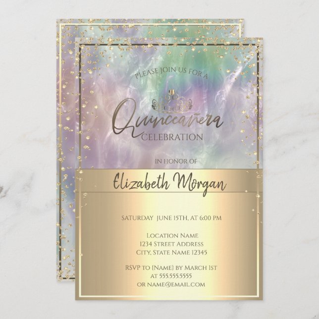 Gold Tiara,Diamonds Holographic Pearl Quinceañera Invitation (Front/Back)