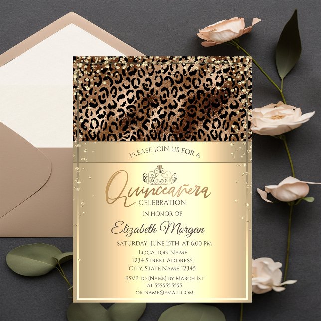  Gold Tiara,Diamonds Leopard Print Quinceañera  Invitation (Creator Uploaded)