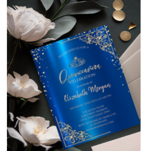 Gold Tiara,Diamonds Metallic Blue Quinceañera Invitation