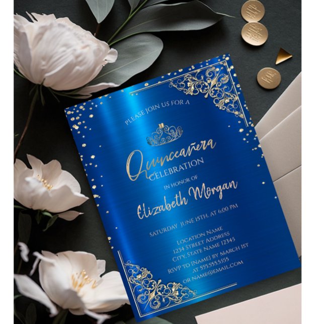  Gold Tiara,Diamonds Metallic Blue Quinceañera  Invitation (Creator Uploaded)