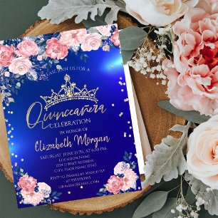 Gold Tiara Diamonds Roses Blue Quinceañera  Invitation