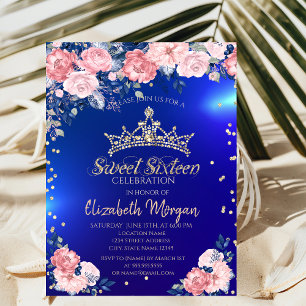 Gold Tiara Diamonds Roses Blue Sweet 16 Invitation